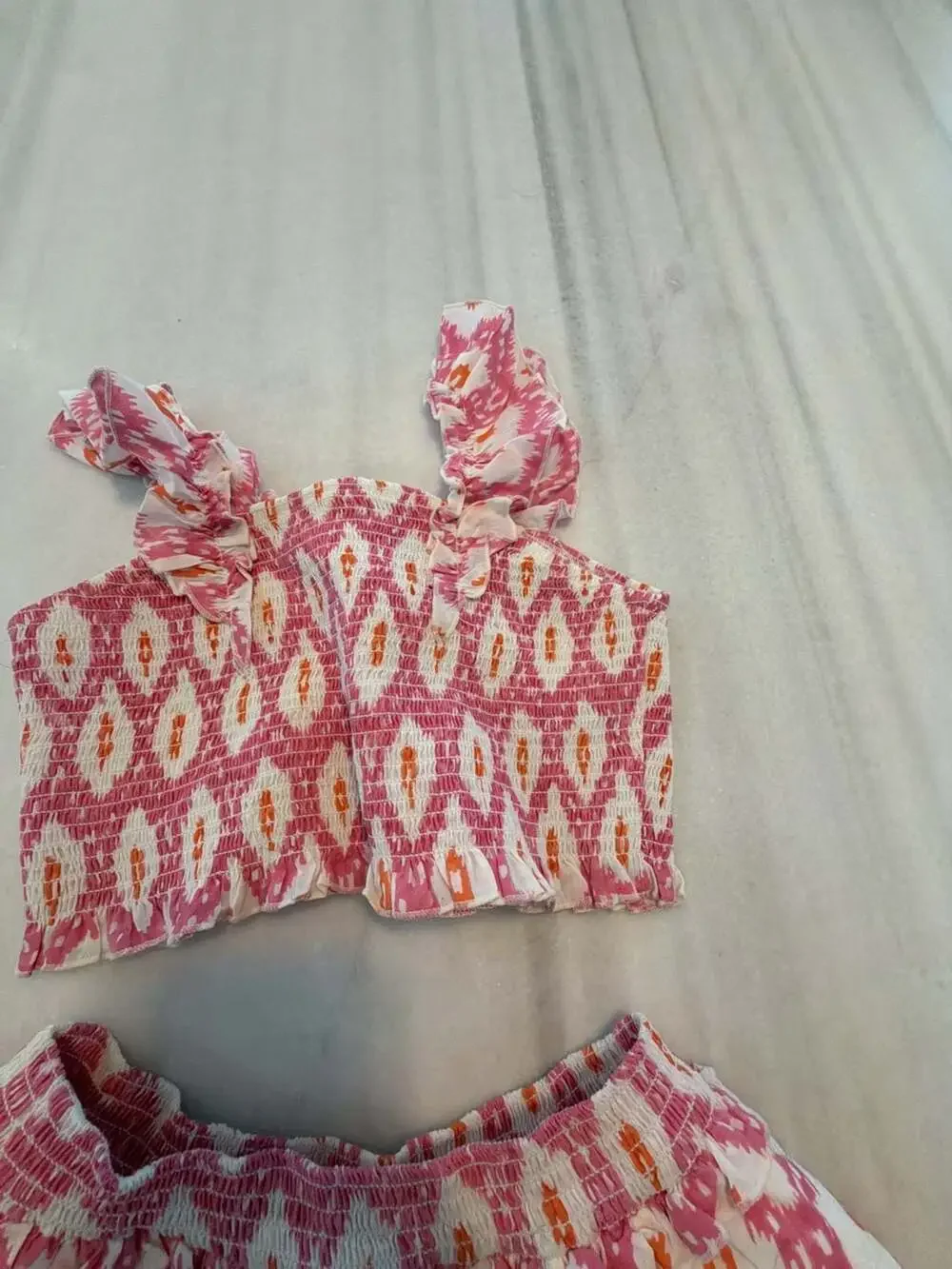 Girl’s Pink and White Ikat Print Smocked Crop Top and Skirt Two-Piece Set
